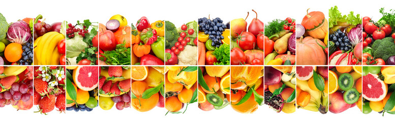 Double pattern of fresh vegetables, fruits and berries isolated on white