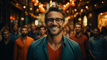 Collage of cheerful excited glad optimistic crowd of different human have toothy beaming smile wear casual clothes over background. Model portrait illustration. Generative AI - obrazy, fototapety, plakaty