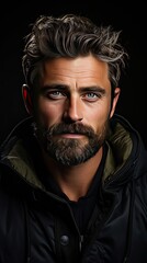 Obraz premium Isolated shot of young handsome male with beard, mustache and trendy hairdo, wears casual grey sweater, has serious expression. Model portrait illustration. Generative AI art