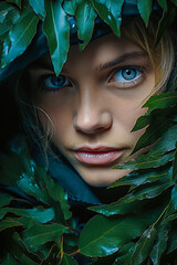 Close up beauty portrait of an caucasian norwegian female beauty surrounded by lush green leaves of a jungle