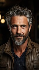 Fototapeta premium Portrait of happy casual older man smiling, Mid adult, mature age guy with gray hair, on background. Man portrait illustration. Generative AI
