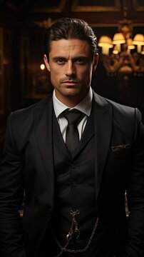 Portrait of handsome man in black suit. Model illustration. Generative AI