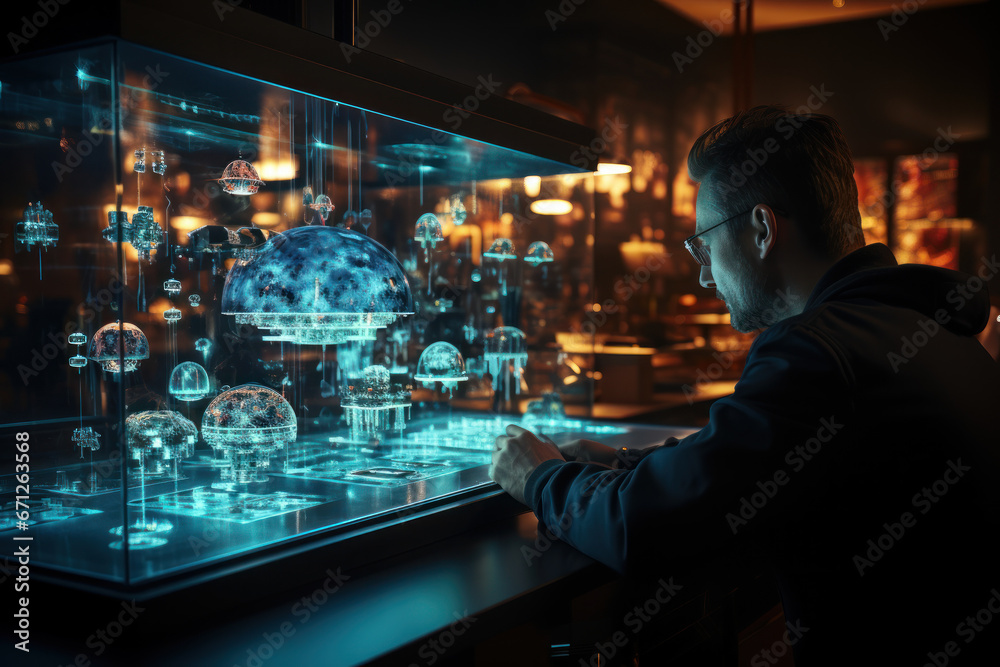 Poster a nuclear physicist analyzing data on a computer screen, emphasizing the role of technology in atomi