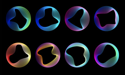 Round circle picture frame with different tone neon color shade motion graphic on isolated dark background. Light moving for overlay element. 3D illustration rendering. Empty space in middle