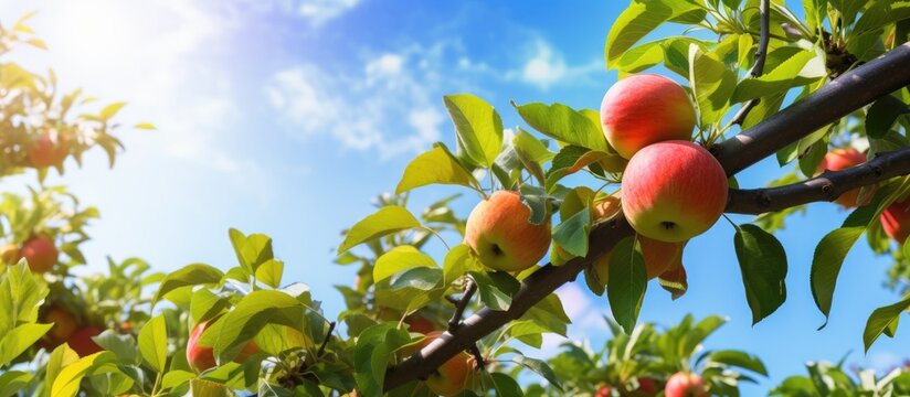 A picturesque photograph capturing the beauty of an apple tree branch adorned with luscious fruit and vibrant natural leaves set against a pristine sky The image depicts the fruit bearing b