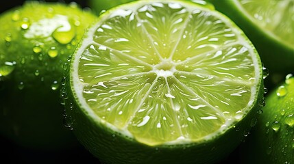  a close up of a lime with drops of water on it's face and a whole lime in the background.  generative ai