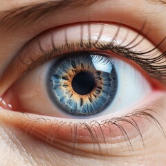 Beautiful macro photo of blue human eye, iris, pupil, eye lashes, eye lids.