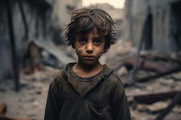 Portrait of Arabic child boy crying with a sad face with eyes full of tears and fear in his eyes standing between ruined buildings in destroyed city