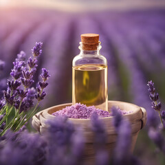 Obraz na płótnie Canvas Bottle of essential oil. Lavender field background. Health and wellness concept. Face and body beauty concept. Spa and cosmetic concept. Place for text.