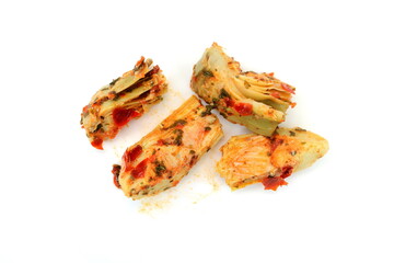 artichokes salad with vegetable mix sauce dressing isolated on white background.