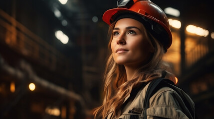 Portrait of Industry maintenance engineer woman wearing uniform and safety hard hat on factory station. AI Generative