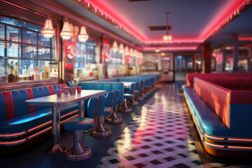 A retro diner with neon signs and checkerboard floors, capturing the spirit of the 1950s....