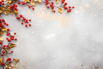 christmas wreath border with golden berries on a concrete background - obrazy, fototapety, plakaty