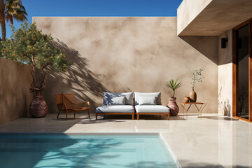 a pool backyard with a light concrete wall, photorealistic. AI generative