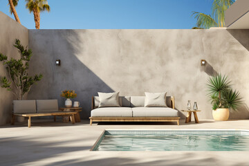 Fototapeta premium a pool backyard with a light concrete wall, photorealistic. AI generative