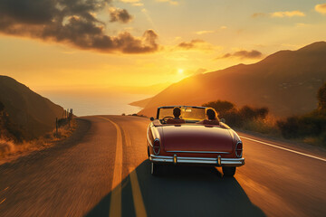 Obraz premium A lovely couple has romantic travel on cabriolet straight on to the sunset