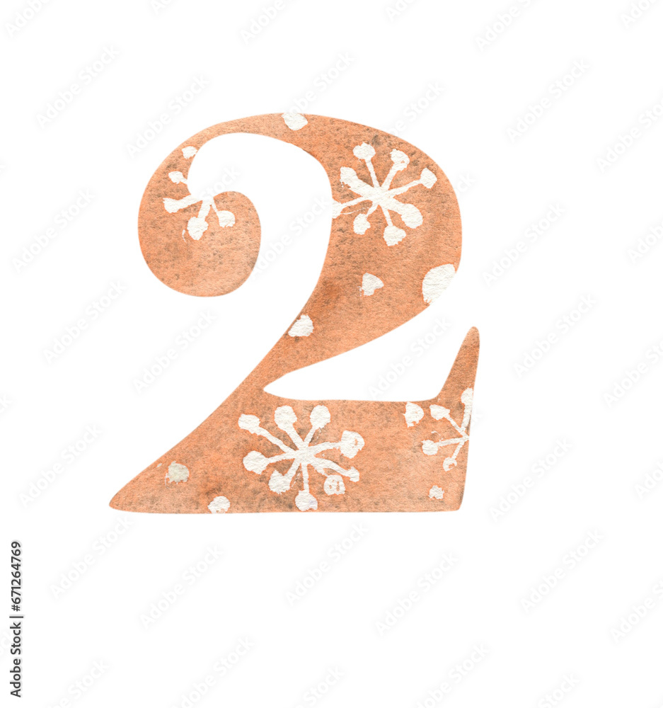 Fototapete drawing of a number with watercolor fill and patterns in a christmas style.