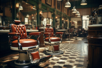 A retro barbershop with a spinning barber pole and leather chairs, reminiscent of a traditional grooming experience. Generative Ai. - obrazy, fototapety, plakaty