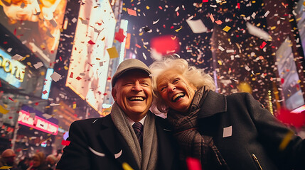A senior couple smiles and snuggles during the New Year's countdown in Times Square. - obrazy, fototapety, plakaty