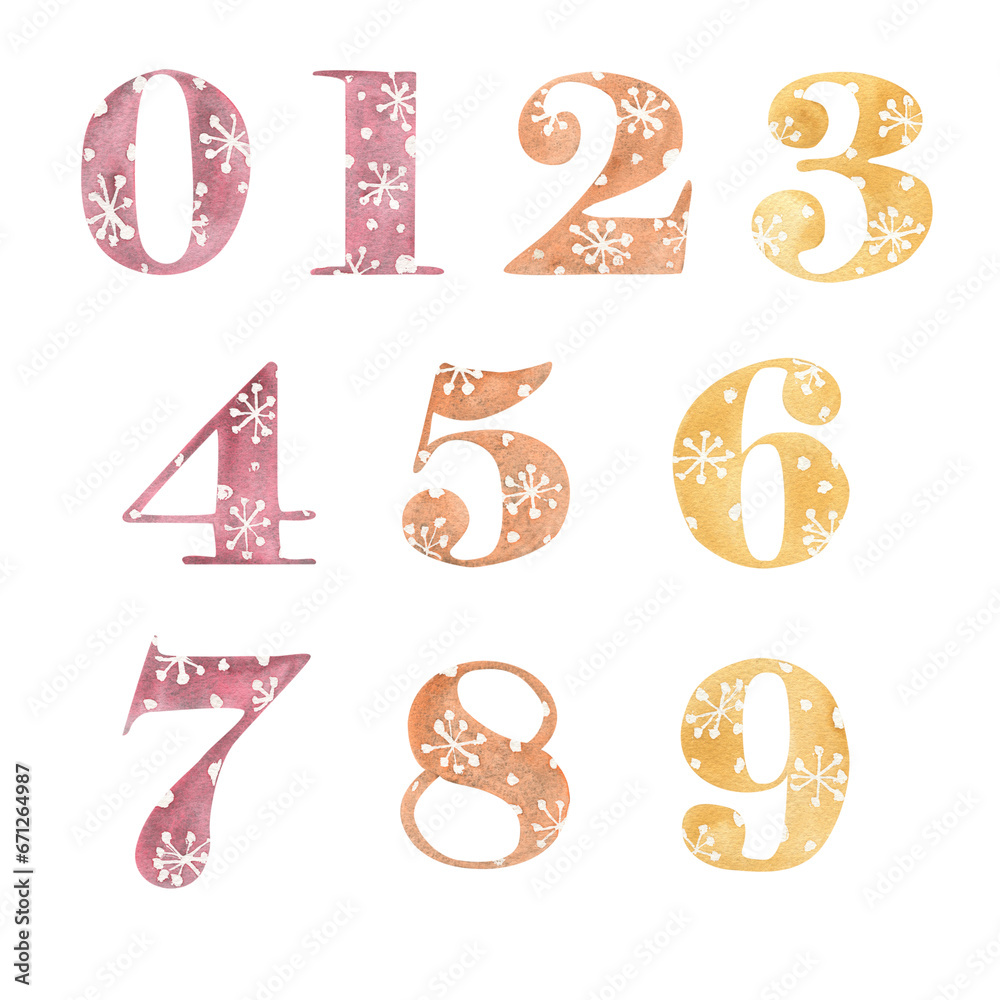 Fototapete drawing of a number with watercolor fill and patterns in a christmas style.