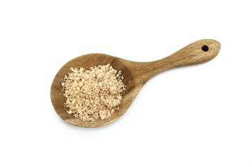 Shelled and ground Ground, milled, crushed almond nuts in a  wooden spoon isolated on white. Edible, dried, brown seeds of Prunus dulcis. Ingredient in marzipan, nougat, cookies.