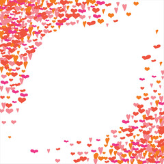 Bright hearts confetti corner frame on white background. Valentine's Day. Banner template. Space for text. illustration.