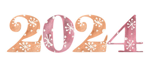 New Year's composition 2024 with watercolor numbers. - obrazy, fototapety, plakaty
