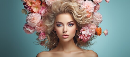 A fashion photo showcasing a stunning young woman with flowers exhibiting flawless makeup flawless complexion and an overall beautiful appearance