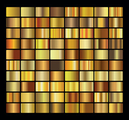 Gold gradient set background vector icon texture metallic illustration for frame, ribbon, banner, coin and label. Realistic abstract golden design seamless pattern. Elegant light and shine template