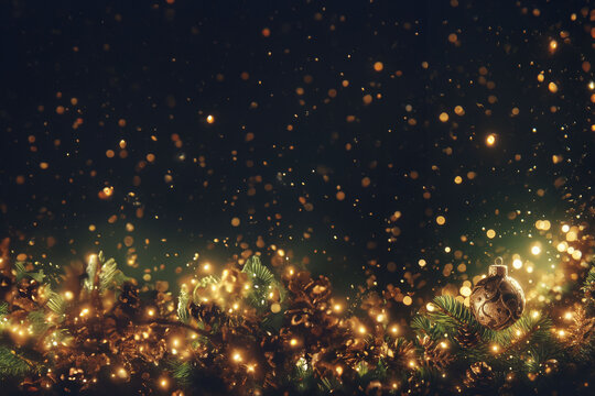 Vue de face d'un arrangement de branches de sapin, de guirlandes de no&euml;l allum&eacute;es, de boules de no&euml;l et autres d&eacute;corations, avec des particules lumineuses dor&eacute;e  fond noir background