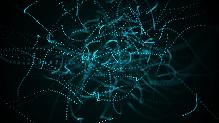 Monochrome grunge curve lines. Spotted halftone wavy neural network. Visualization of big data. Hacked code or worm virus. 3D rendering.