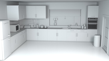 White untextured kitchen - 3D Illustration