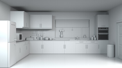 White untextured kitchen - 3D Illustration