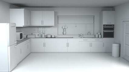 White untextured kitchen - 3D Illustration