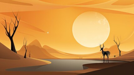  a deer standing in the middle of a desert with the sun setting in the background and trees in the foreground.  generative ai
