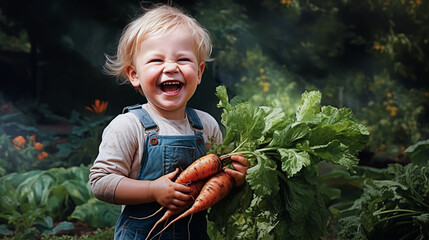 little child holding some fresh harvest vegetables standing and laughing in the garden - obrazy, fototapety, plakaty
