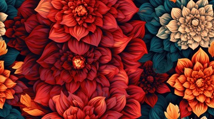  a picture of a bunch of flowers that are red, orange, yellow, green and white with a black background.  generative ai