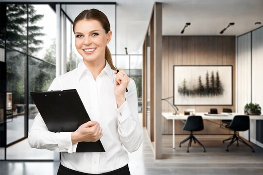 Young business woman at modern office background, AI generated image