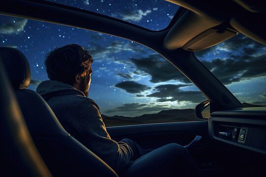 Traveler in rest is sitting in car with panoramic view on night star sky