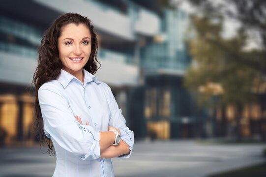 Young business woman at street office background, AI generated image