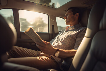 Attractive male is reading on passenger seat while going on car threw city