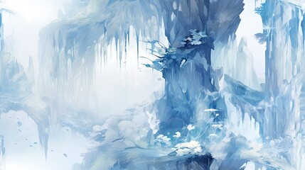  a digital painting of a tree in the middle of a forest with ice hanging off of it's branches.  generative ai
