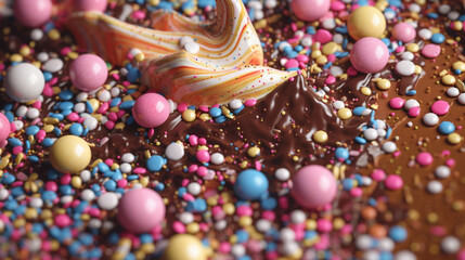 Coulis de chocolat noir, avec pépites de sucre, confettis de toutes les couleurs. Nourriture, sucré, délicieux. Arrière-plan pour conception et création graphique. - obrazy, fototapety, plakaty