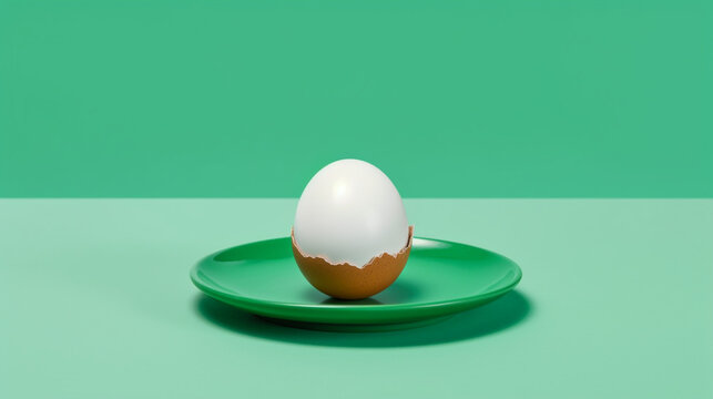 Oeuf à la coque, ouvert sur une petite assiette verte. Fond vert pâle. Nourriture, sain, poule. Arrière-plan pour conception et création grahpique.