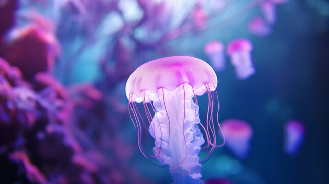 Banc de méduses roses dans l'océan, la mer. Gros plan sur une méduse avec de longues tentacules, longs filaments. Arrière-plan de flou, pour conception et création graphique.