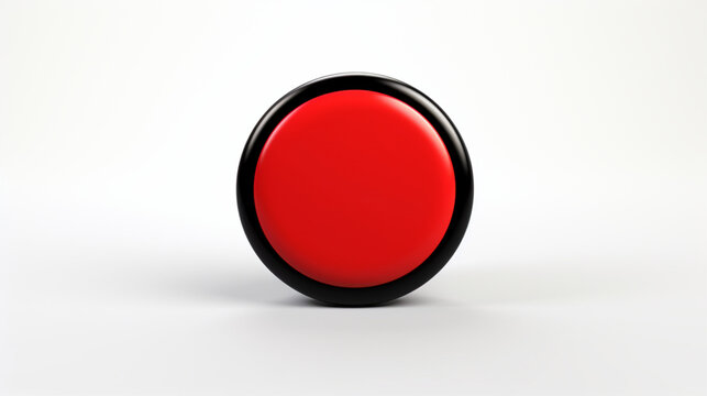 Gros buzzer rond de couleur rouge, contour noir sur fond blanc. Technologie, appuyer. Arri&egrave;re-plan pour conception et cr&eacute;ation graphique.