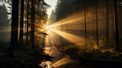 A dense forest illuminated by rays of sunlight breaking through fog.
