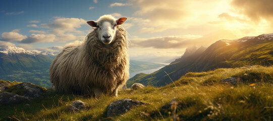 Majestic Sheep Overlooking Mountainous Landscape at Sunset