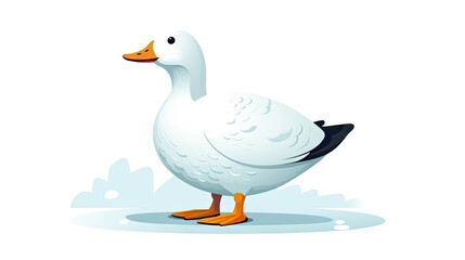 Obraz premium a white duck with a black beak and orange feet standing on a puddle of water and looking at the camera. generative ai