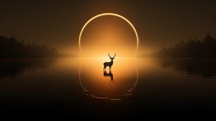  a deer standing in the middle of a body of water with a ring in the middle of it's body.  generative ai